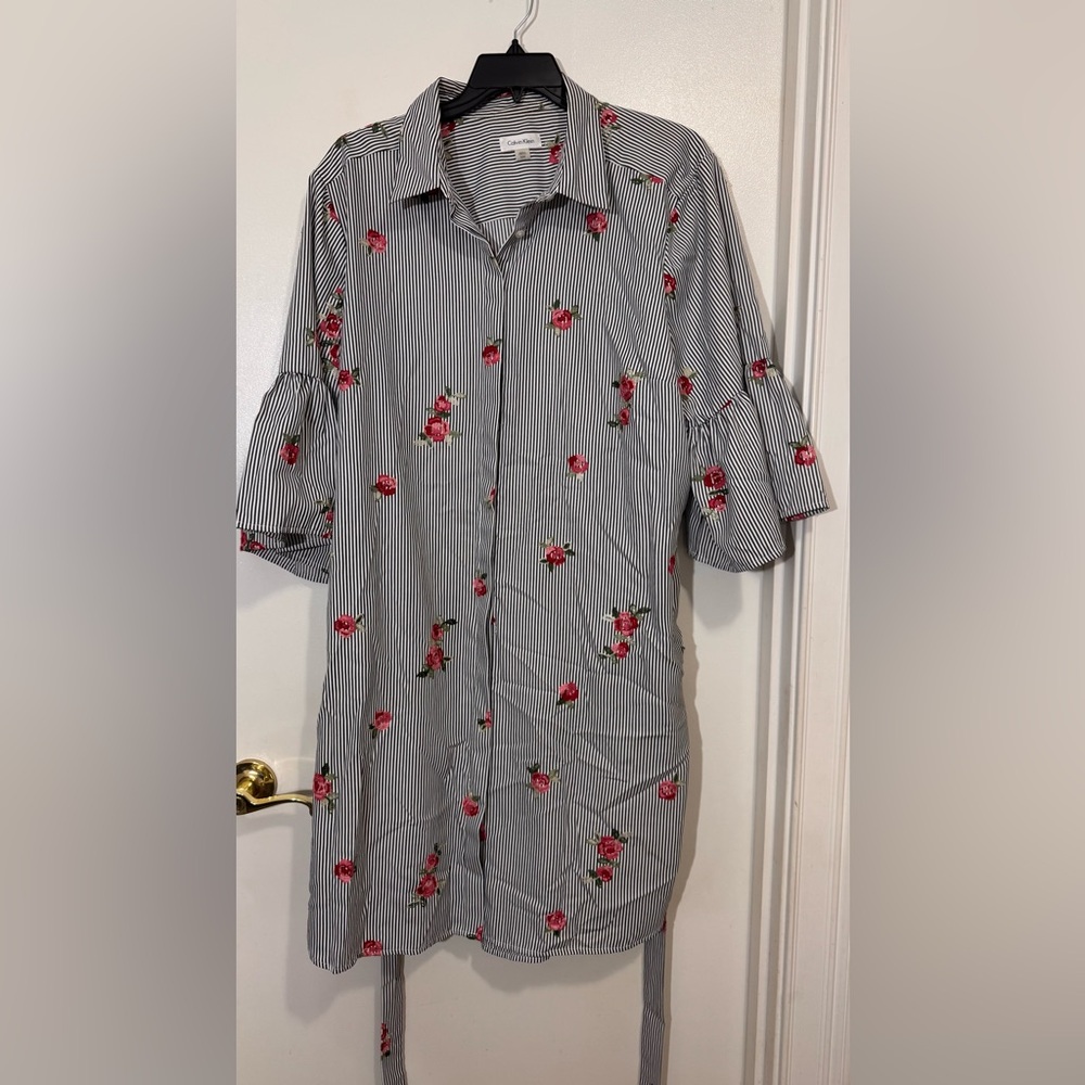 Calvin Klein Black Striped Dress with Red Floral Design